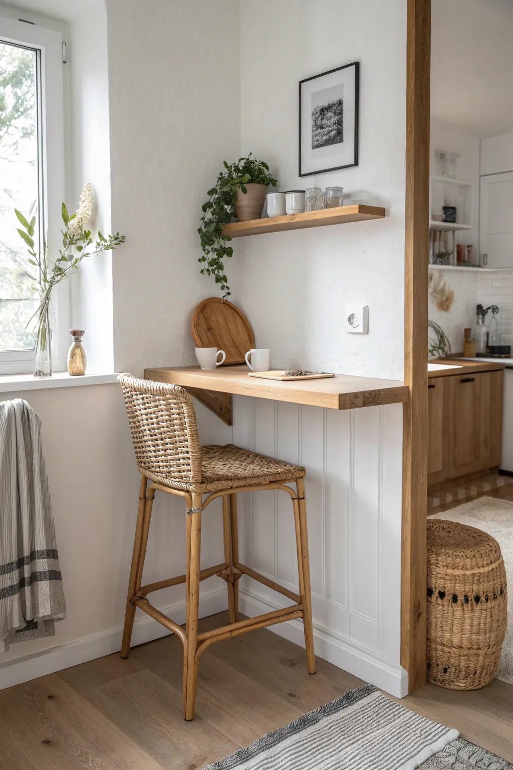 A built-in micro breakfast bar adds dining + prep space without sacrificing floor area.