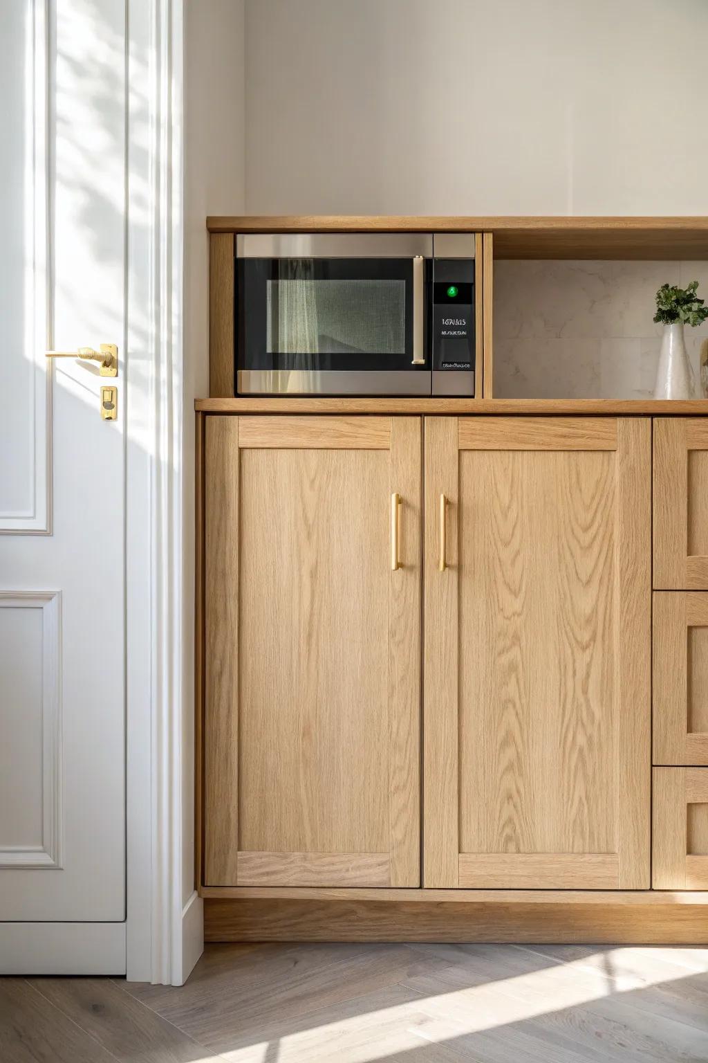 A matching cabinet door hides the microwave for a clean, clutter-free kitchen look.