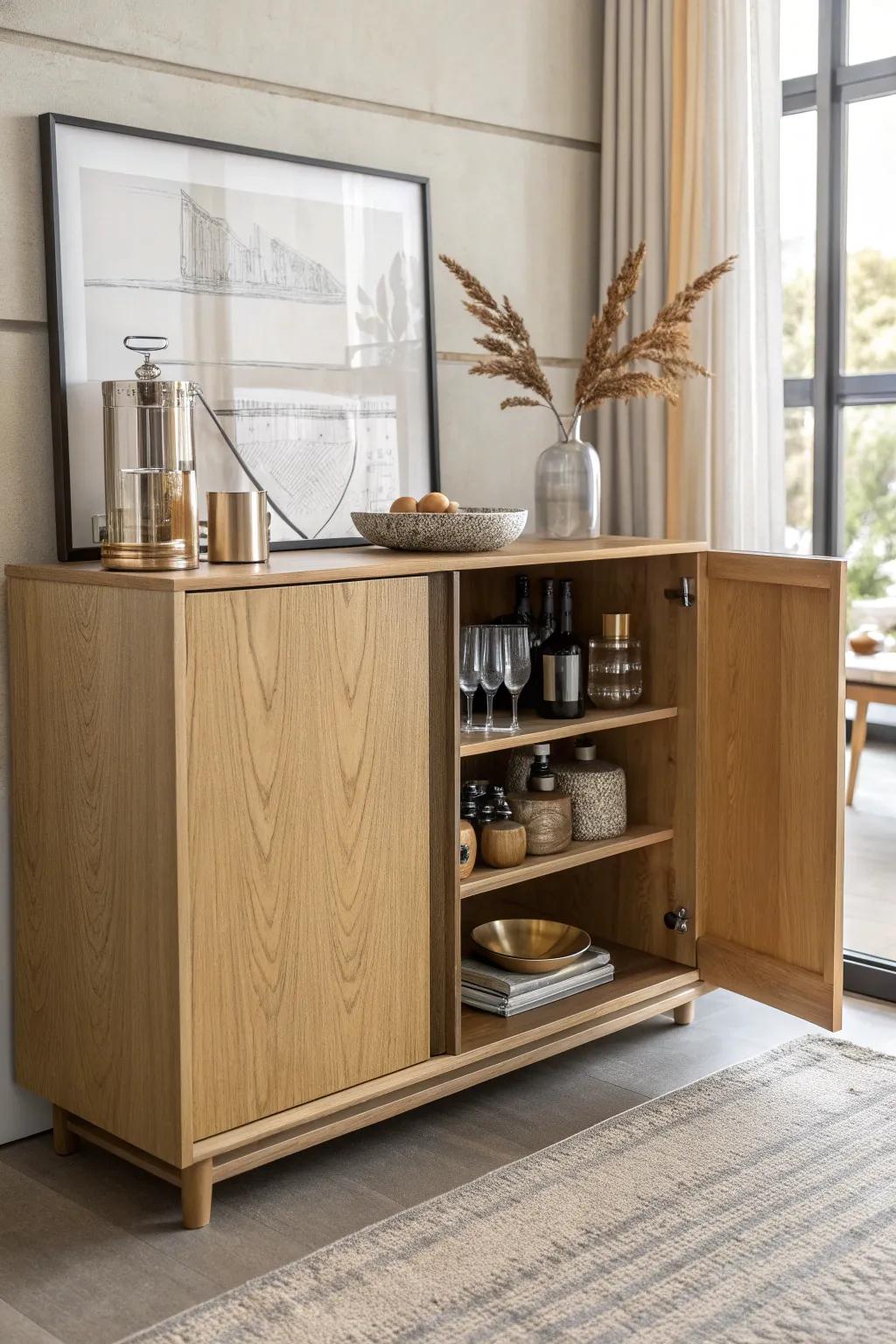 A hidden mini bar inside a sleek credenza—tidy doors, pretty bins, and brass bar tools.