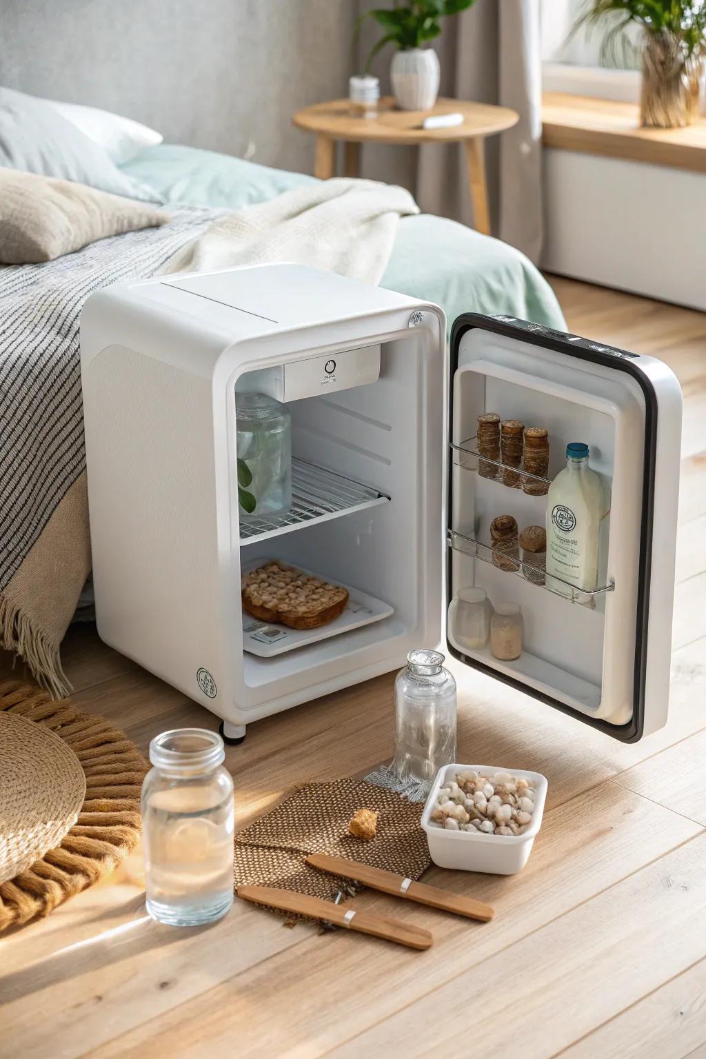 Bedside mini fridge: tidy meds, water & snacks for a calm, clutter-free wind-down.