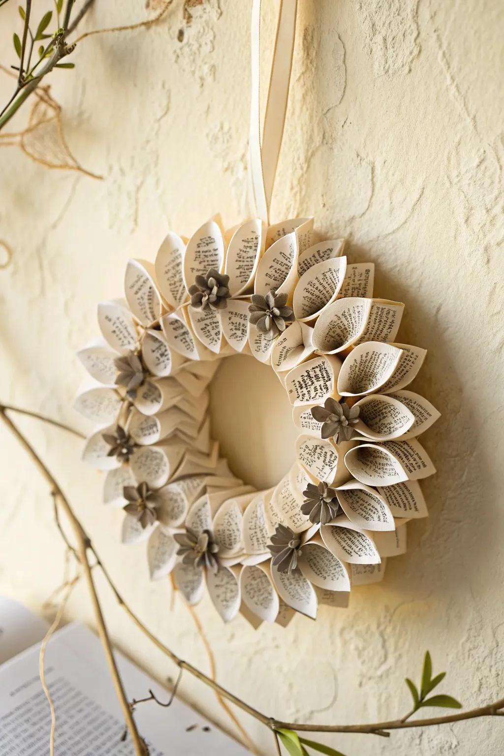Delicate book-page mini wreath—lightweight, handmade charm for narrow walls and small spaces.