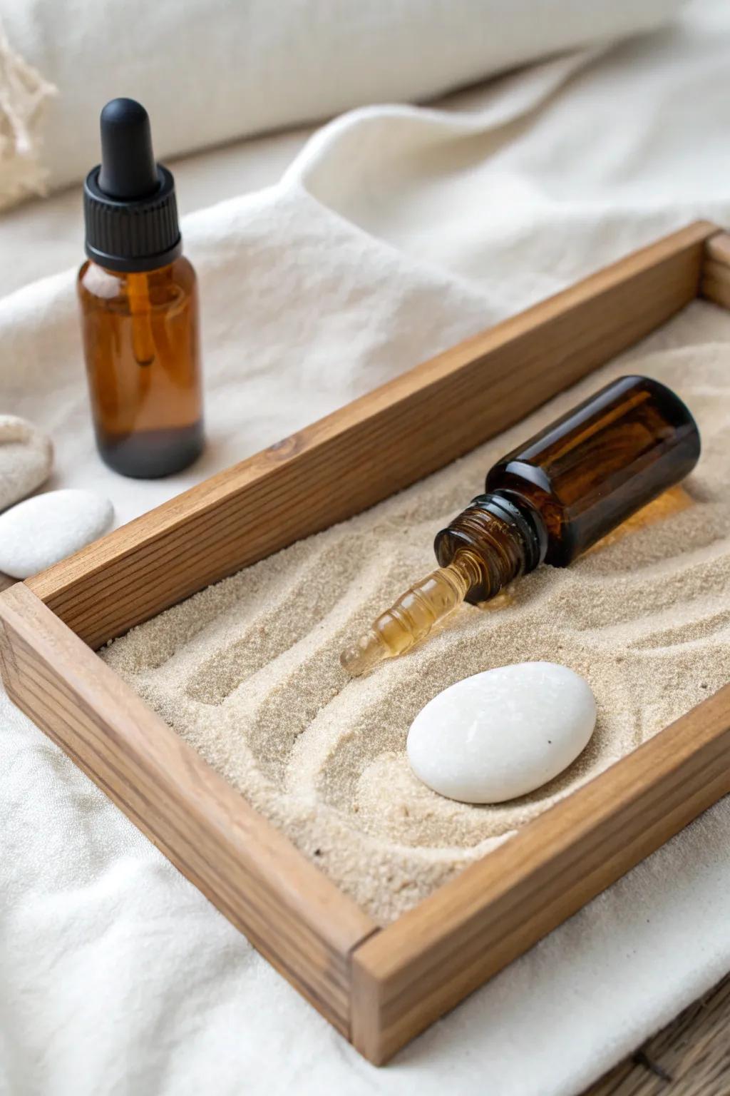 One drop of essential oil turns fine sand into a mini zen garden aromatherapy moment.