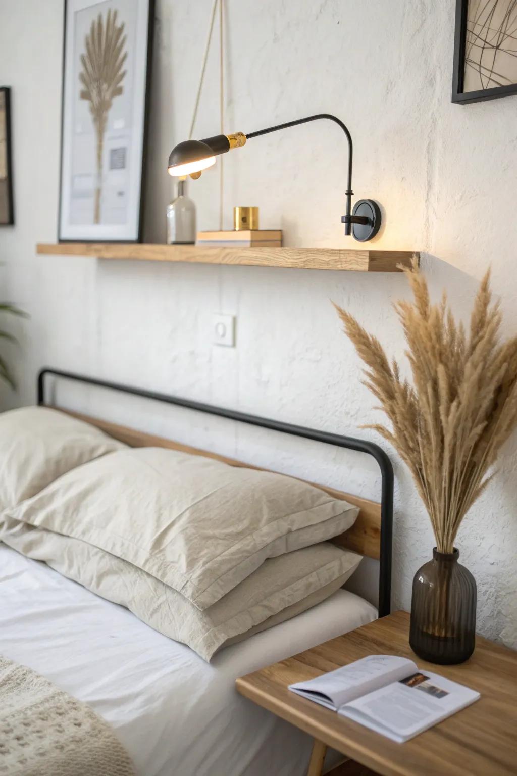 Skip the headboard: a slim picture ledge adds style and function without bulk.
