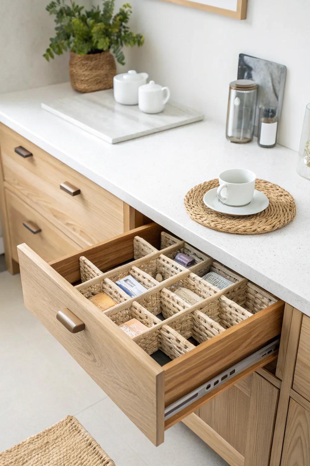 A minimalist coffee station: everything you need, neatly hidden in one calming drawer.