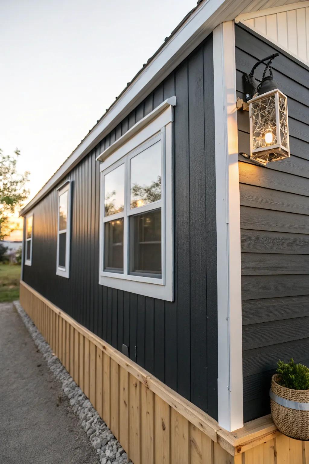 Dark, moody siding with bright trim and warm wood accents makes a mobile home feel modern and cozy.
