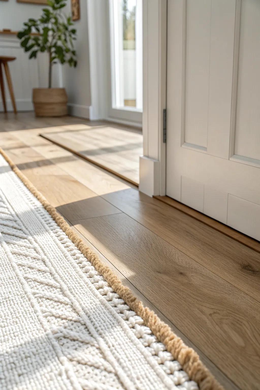 A flush, low-profile transition strip for smooth mobile home flooring—safe, seamless, and chic.