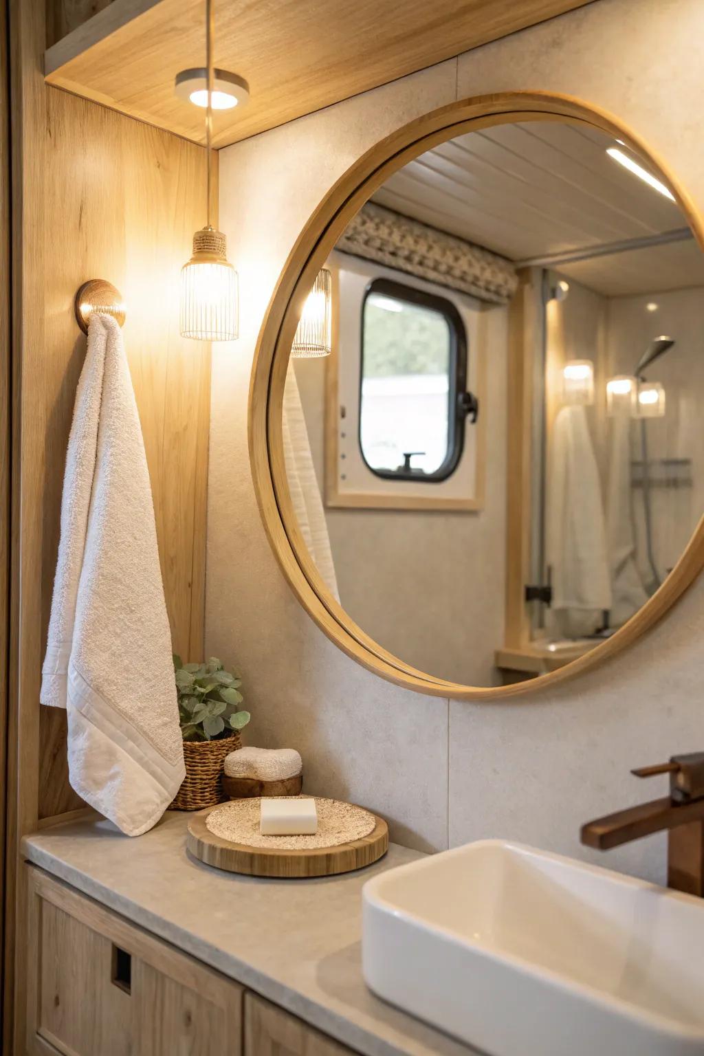 Make a tiny mobile home bathroom feel like a mini spa with a warm-lit oversized mirror.
