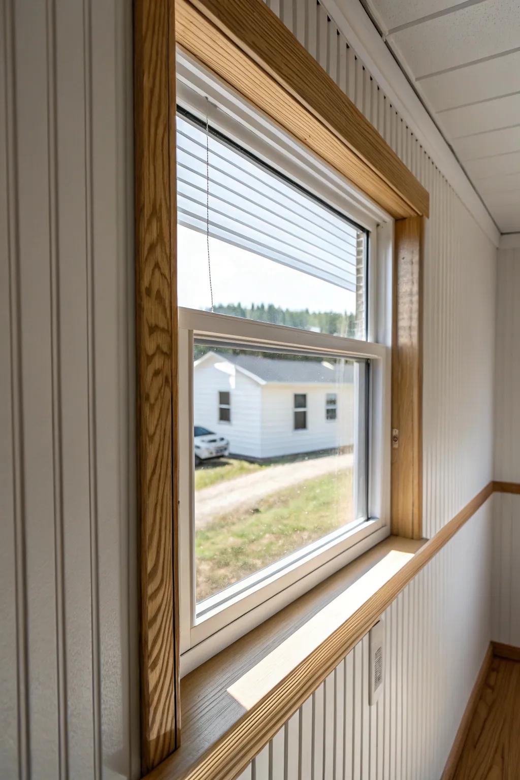 Cozy beadboard trim adds cottage texture and a custom look to a flat mobile home window wall.