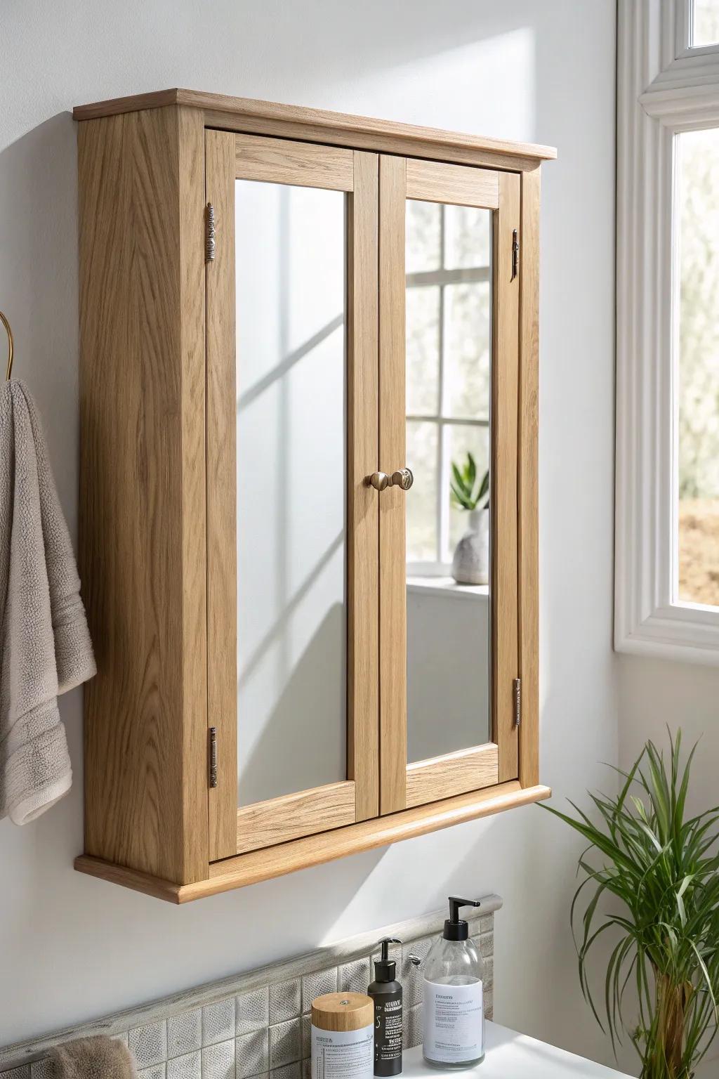 A slim mirror cabinet keeps a tiny mobile-home master bath calm, clear, and clutter-free.