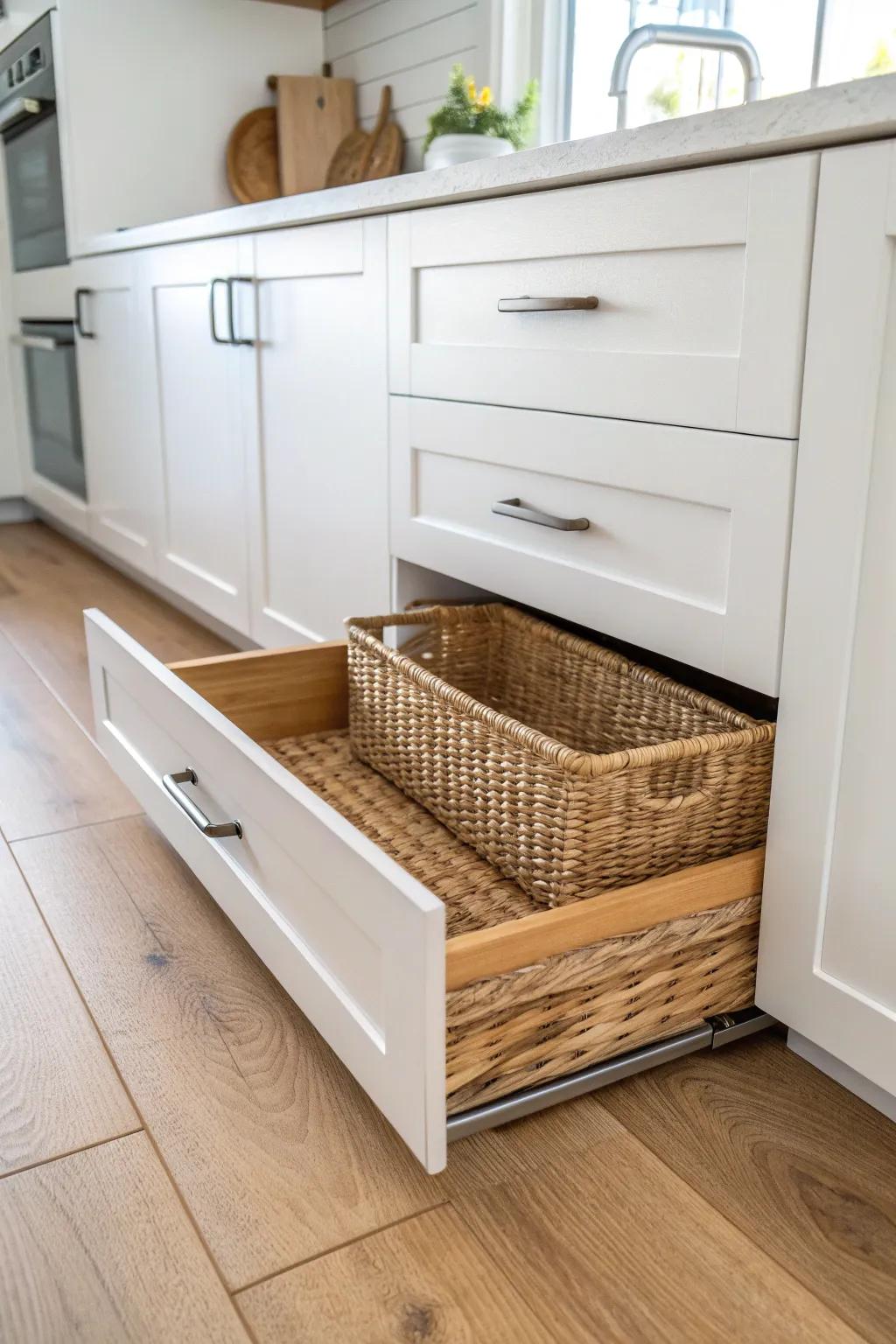 Sneak extra storage into your mobile home kitchen with a sleek toe-kick drawer bin.