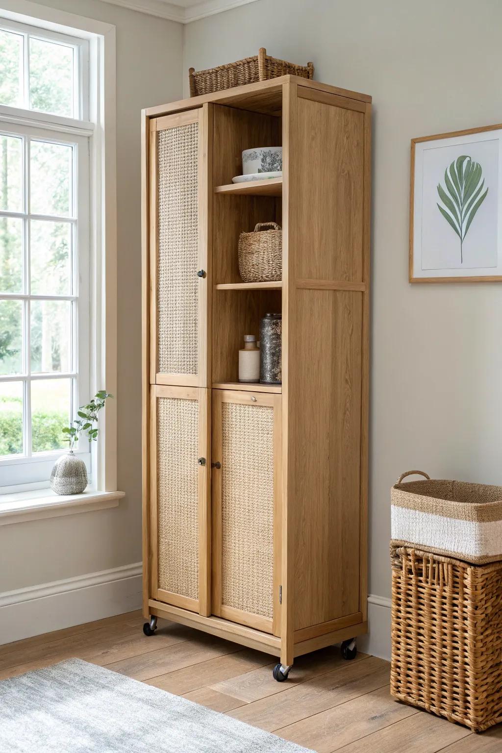 A rolling storage wall on casters that shifts from workday hub to sofa-side station.