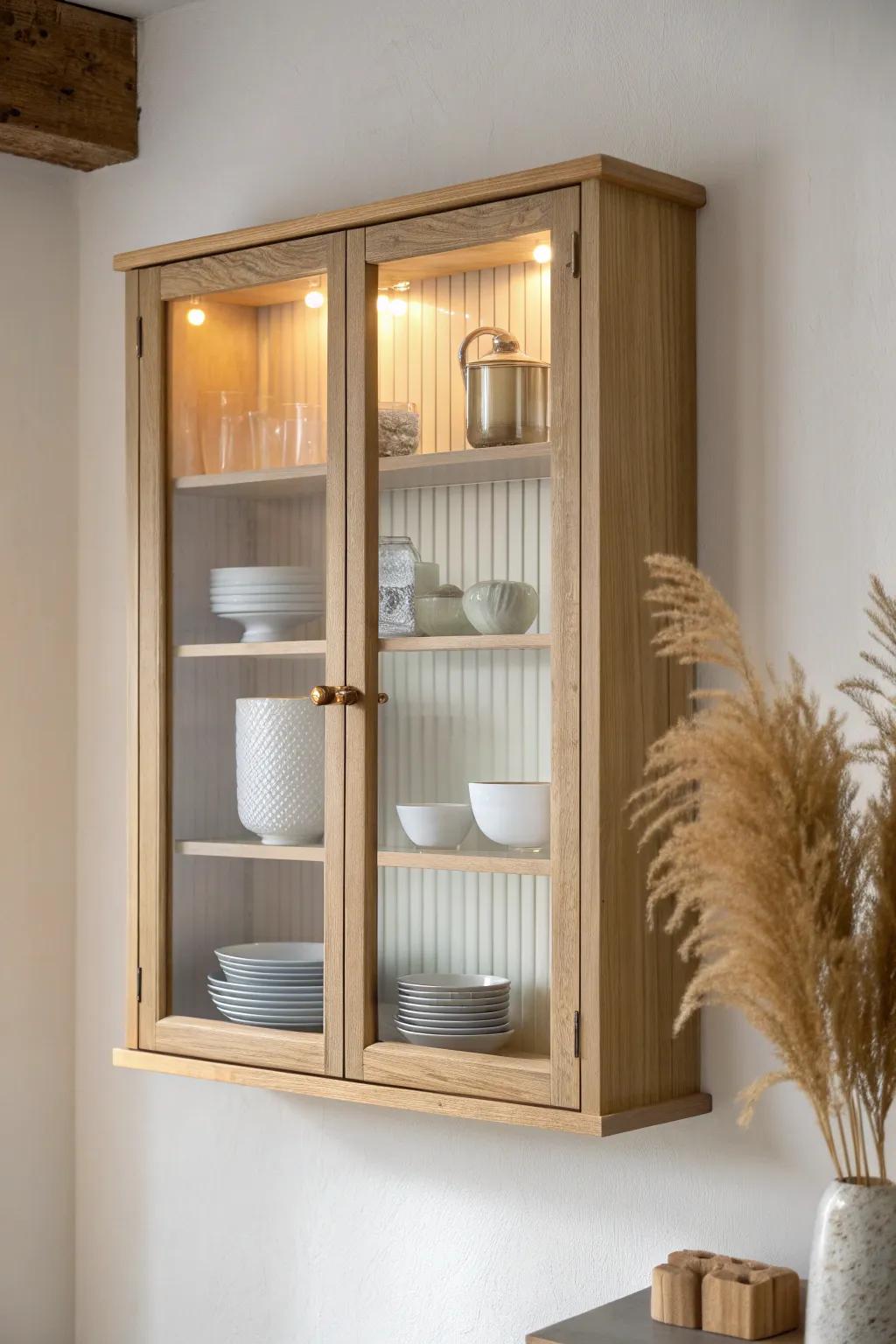 Glass-front uppers + warm lighting make a small modular kitchen feel lighter and curated.