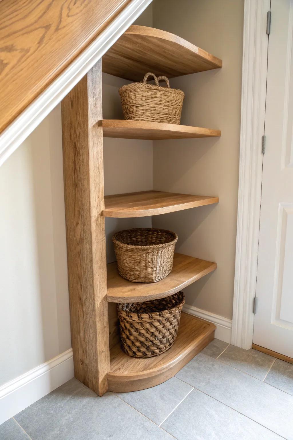 Wrap-around corner shelves turn awkward closet angles into calm, usable storage.
