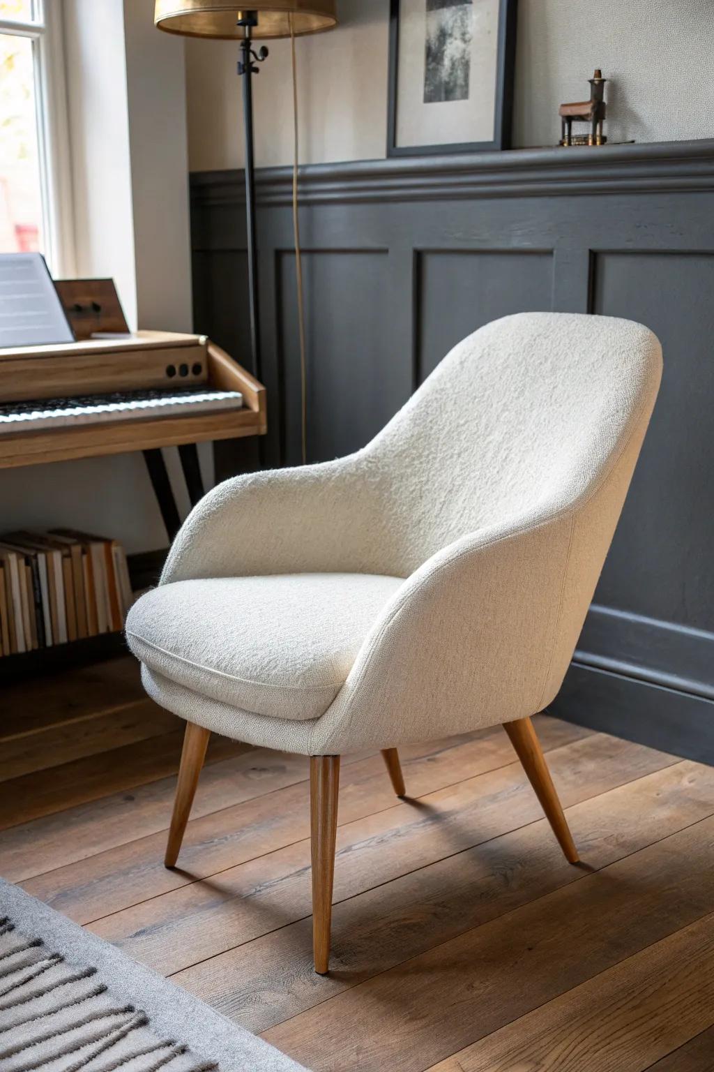 A cozy listening perch—separate from your desk chair—makes a tiny studio feel intentional.