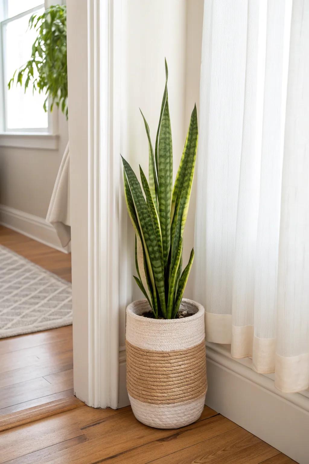 A single tall snake plant adds softness and welcome without stealing precious entryway width.
