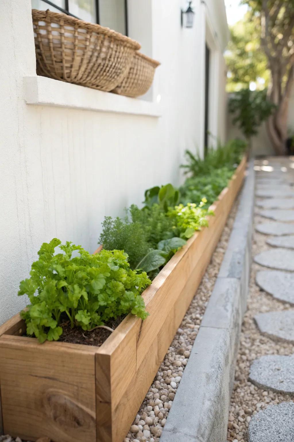 A skinny potager trough keeps herbs and salad greens thriving in the tightest side strip.