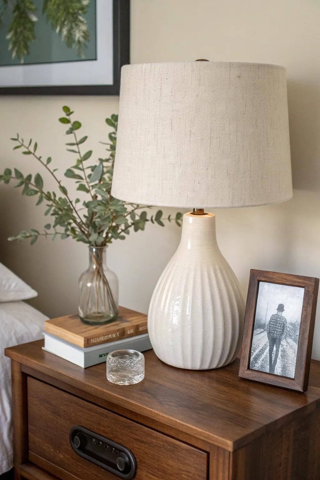 Rule of threes: lamp + greenery + personal touch for a balanced, calm nightstand.