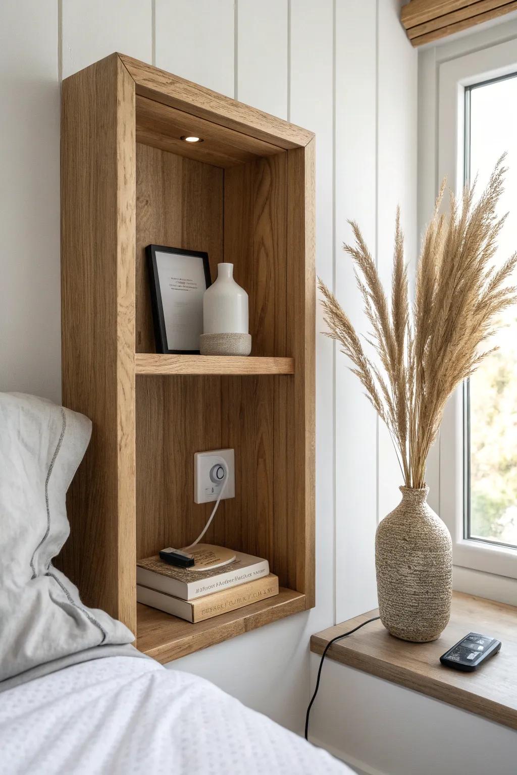 A recessed wall niche nightstand saves space while keeping your book and charger beautifully tucked away.