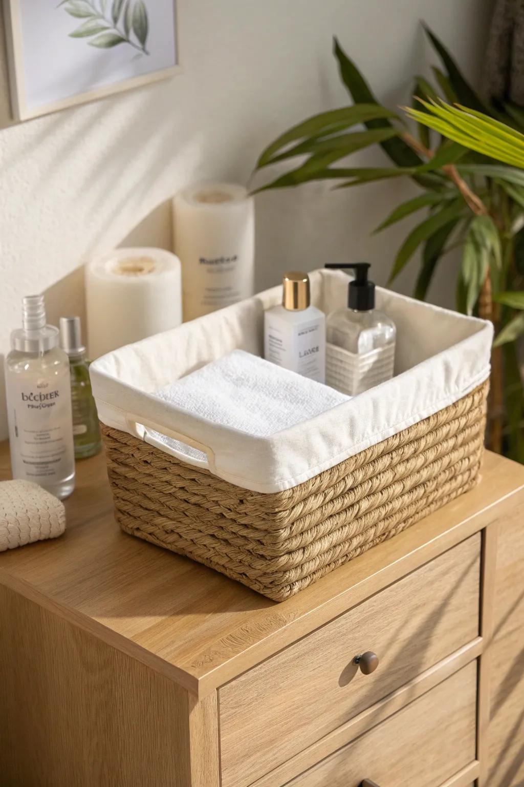 Keep backup lotions upright in one deep bin—tidy, easy to grab, and spill-proof.