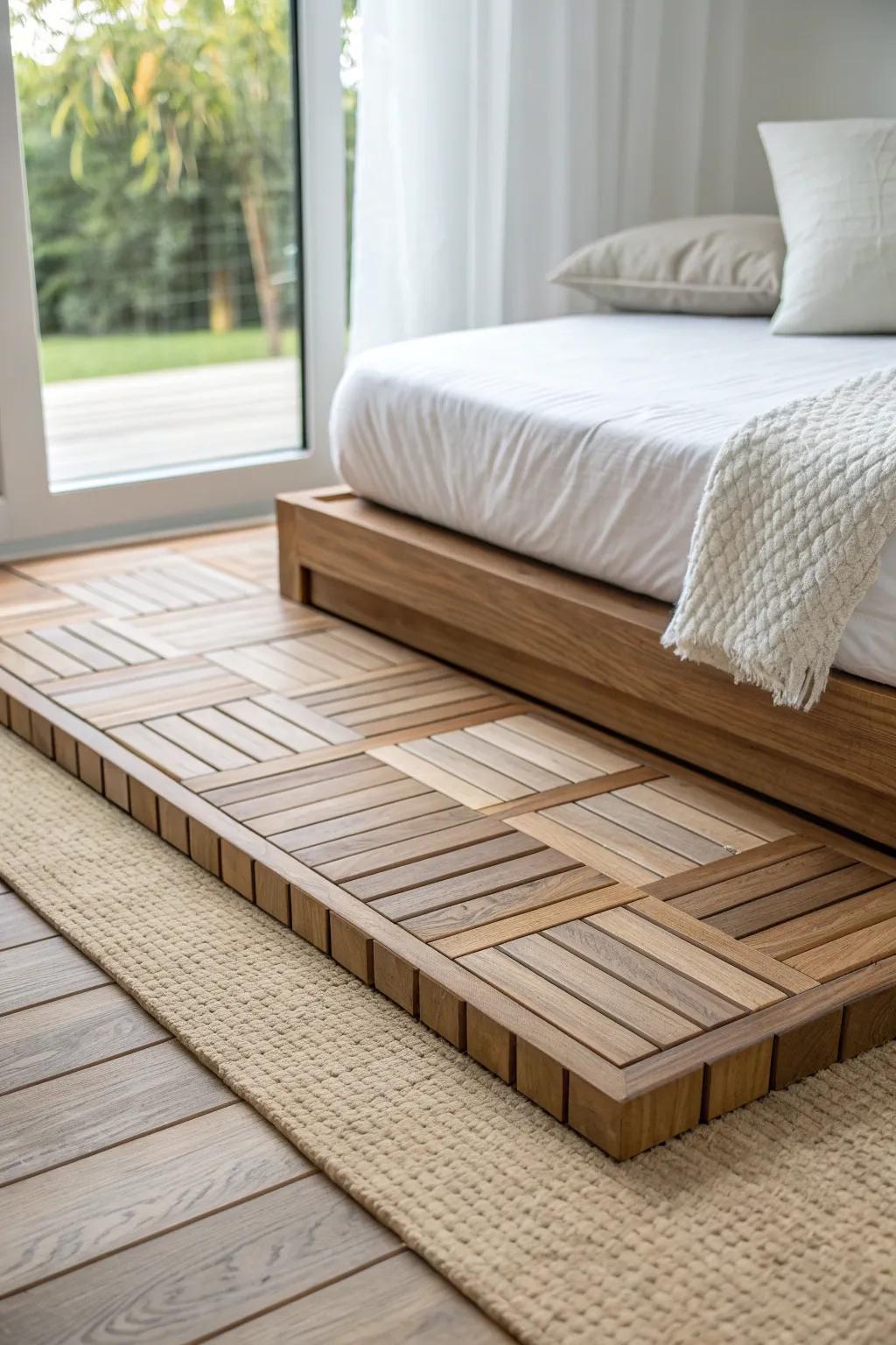 Deck tiles turn a floor mattress into a clean, frame-free “stage” for small studios.