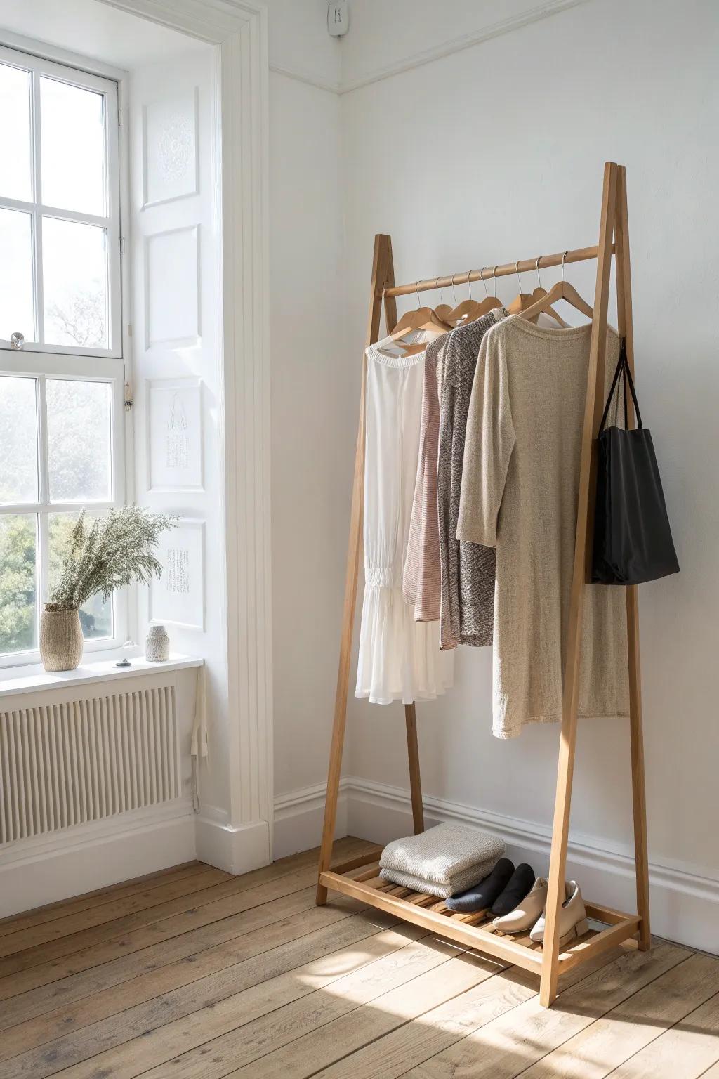Turn an empty corner into a calming dressing nook with a sleek rack and curated neutrals.