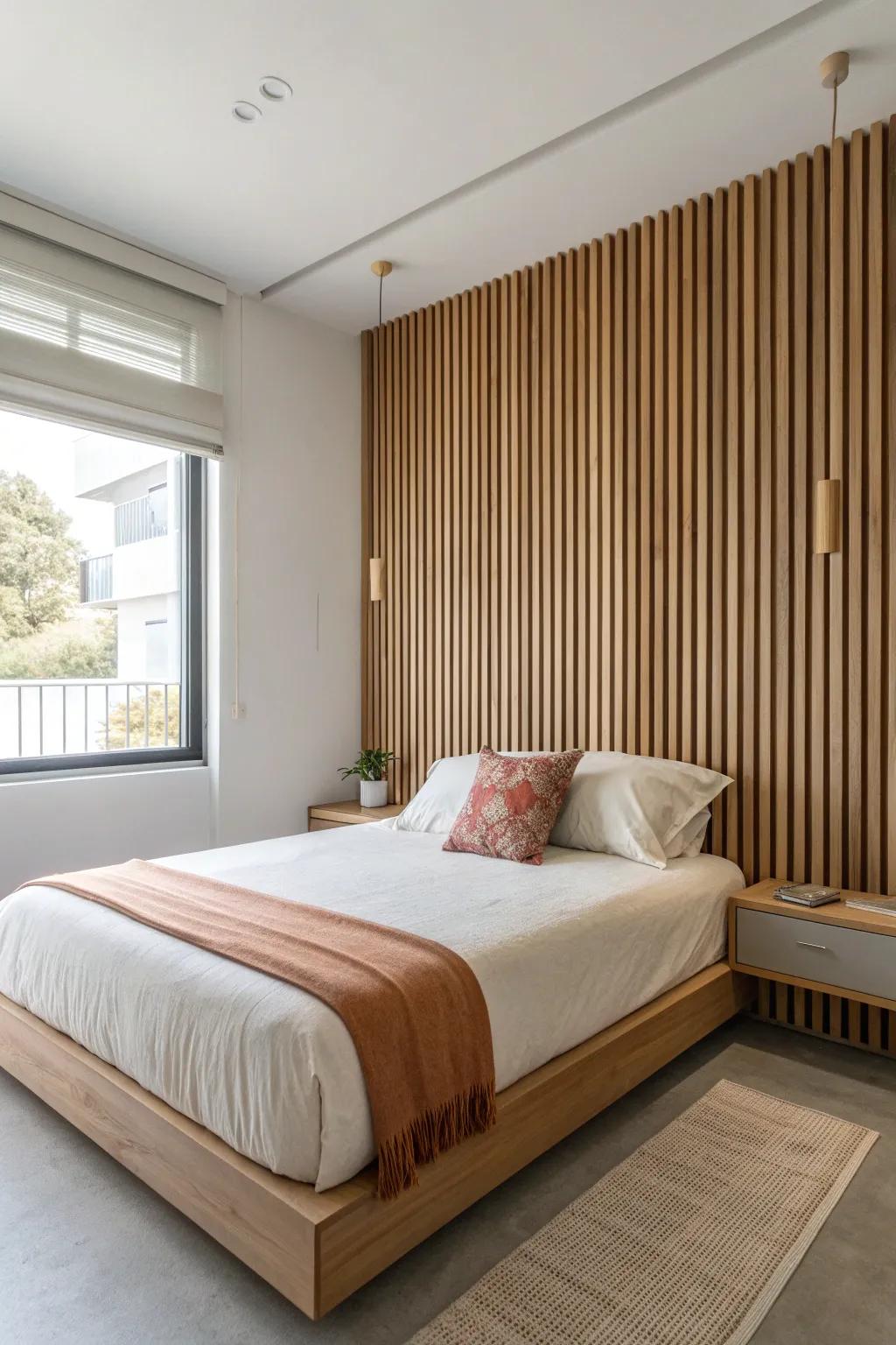 A vertical wood slat wall adds height and gives your bed a built-in headboard look.