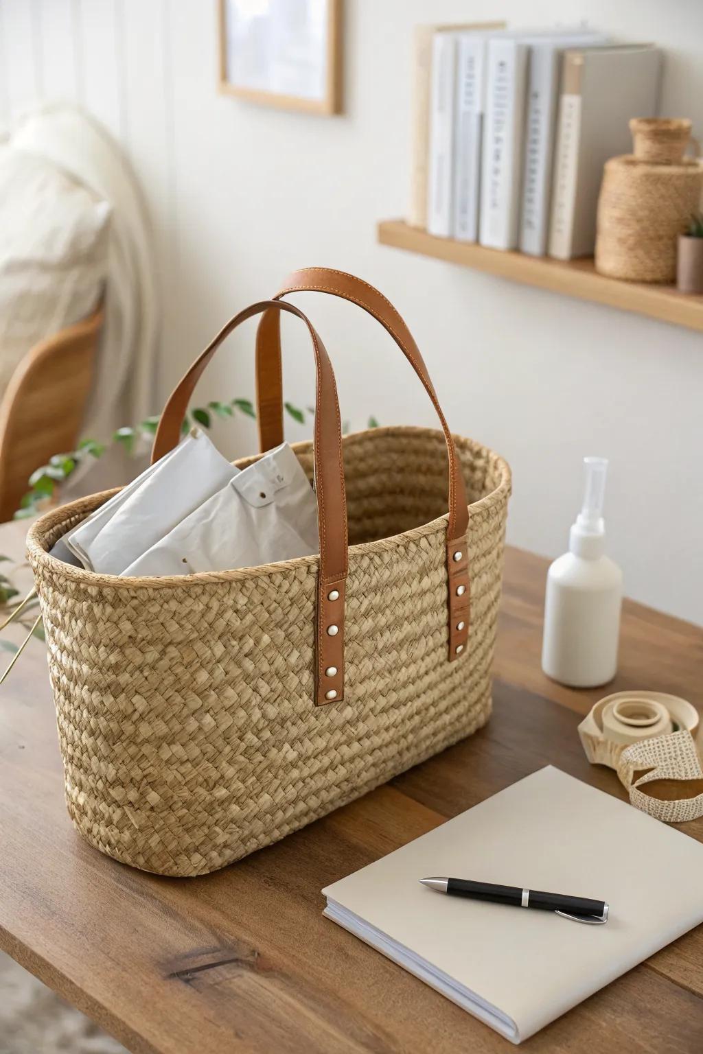 One switch basket: laptop + planner by day, pacifiers + bedtime essentials by night—no clutter.