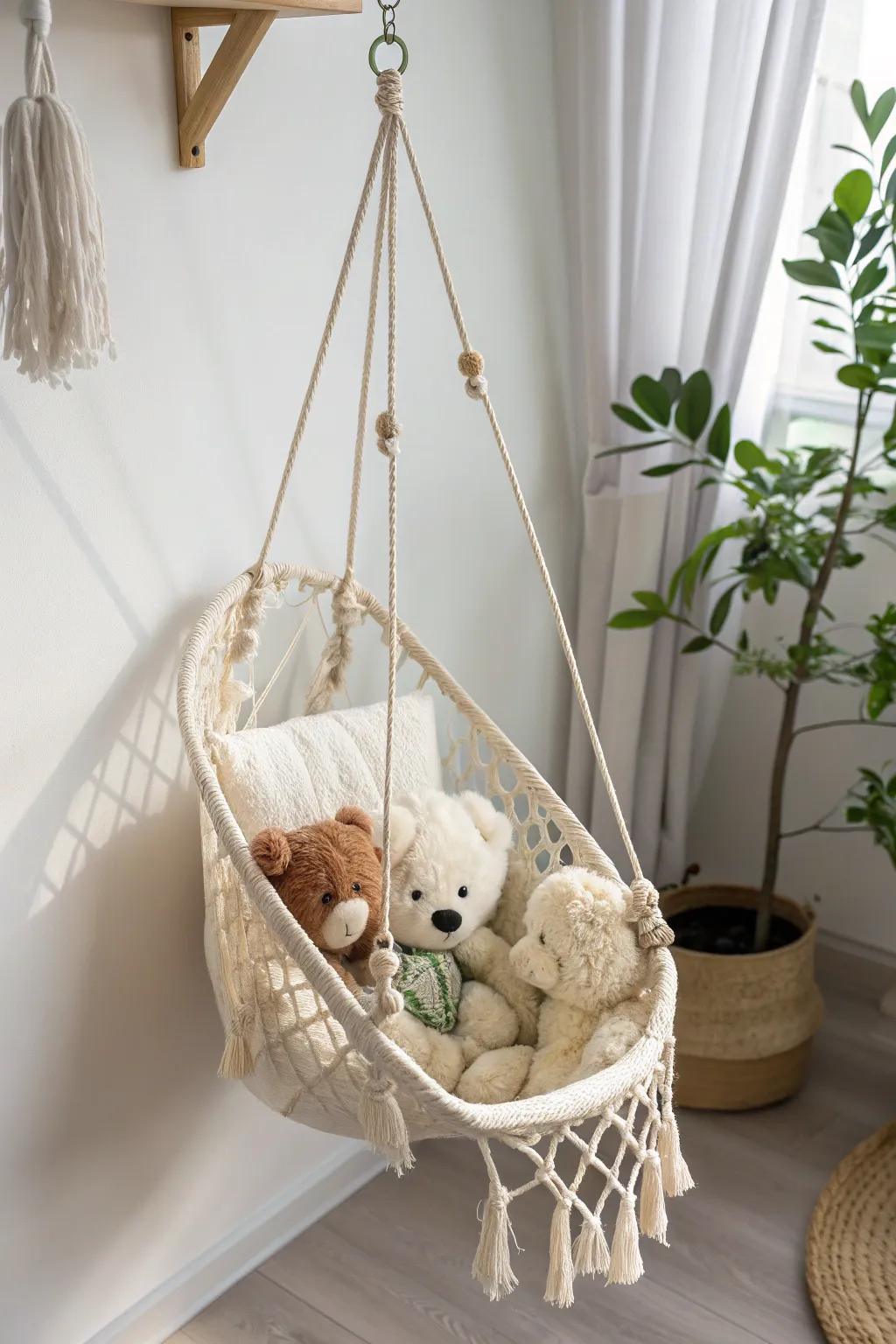 A chic macramé swing keeps plushies off the floor and doubles as sweet nursery decor.