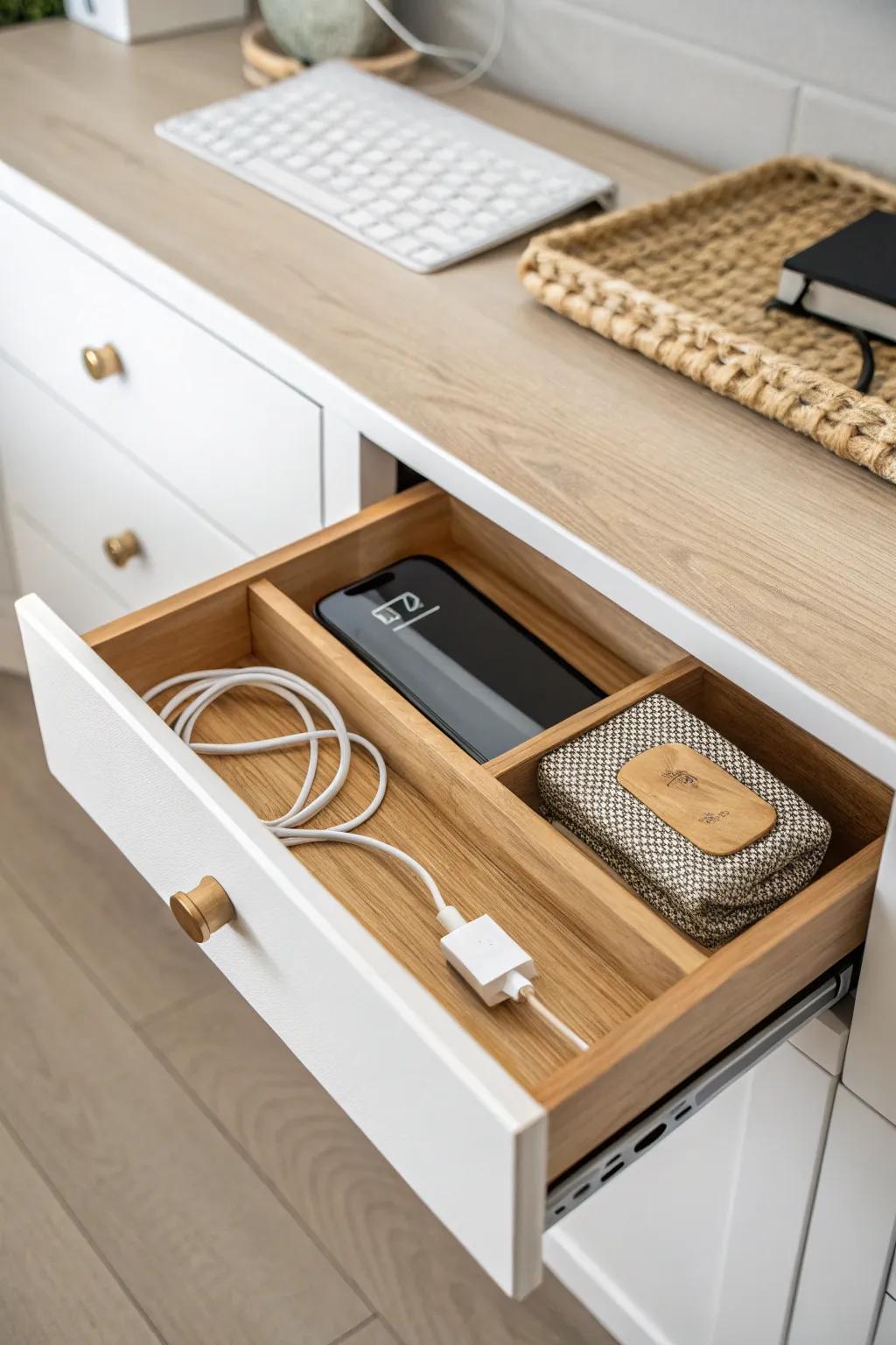 A hidden charging drawer that instantly clears your counters—tidy cables, calm workspace.