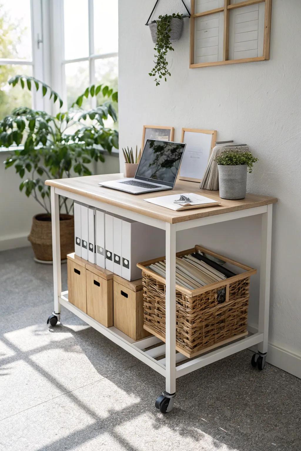 Hide paperwork in a rolling file cart under your desk—organized front to back for easy access.