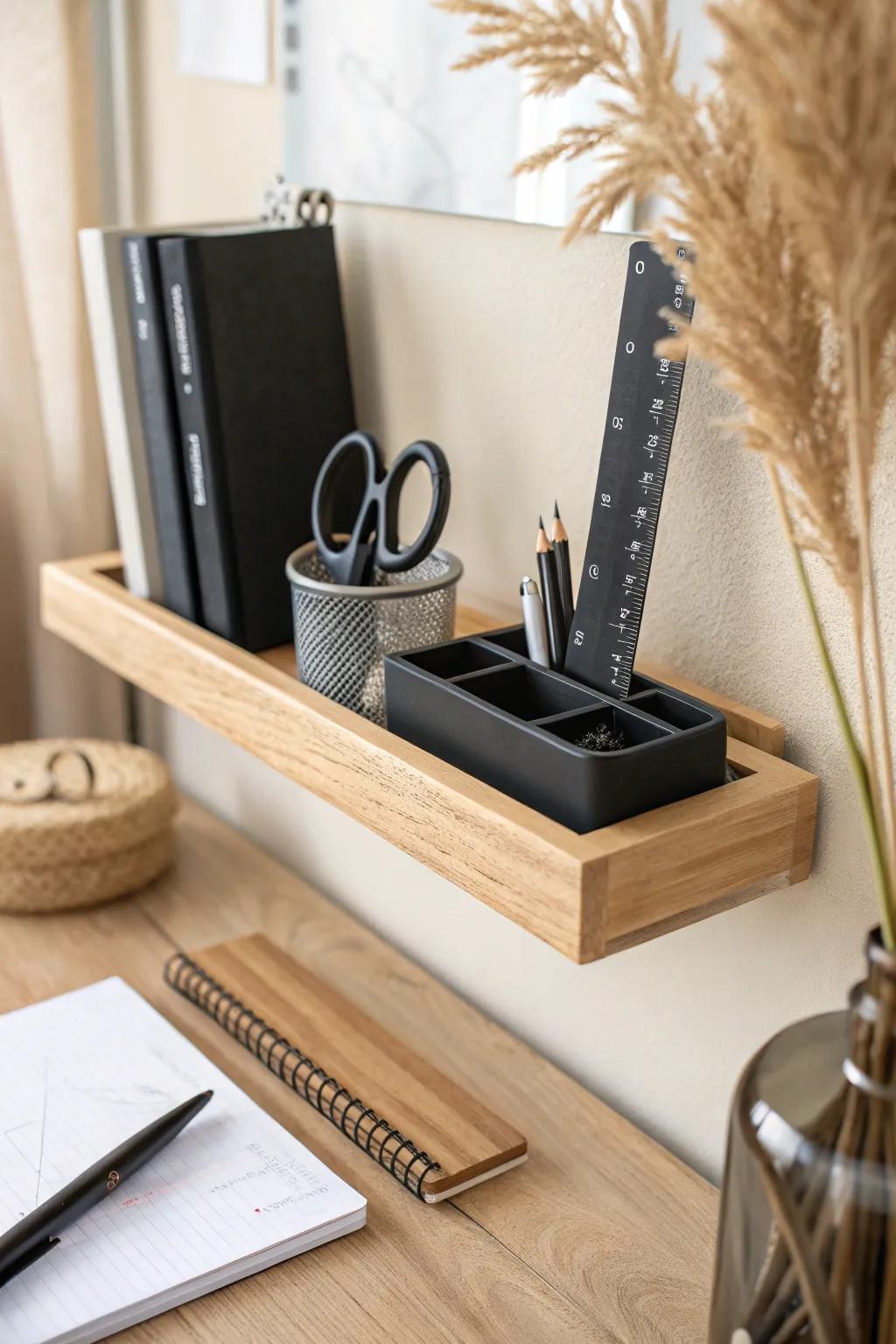 A hidden magnetic strip under the shelf keeps metal supplies tidy and frees a whole drawer.
