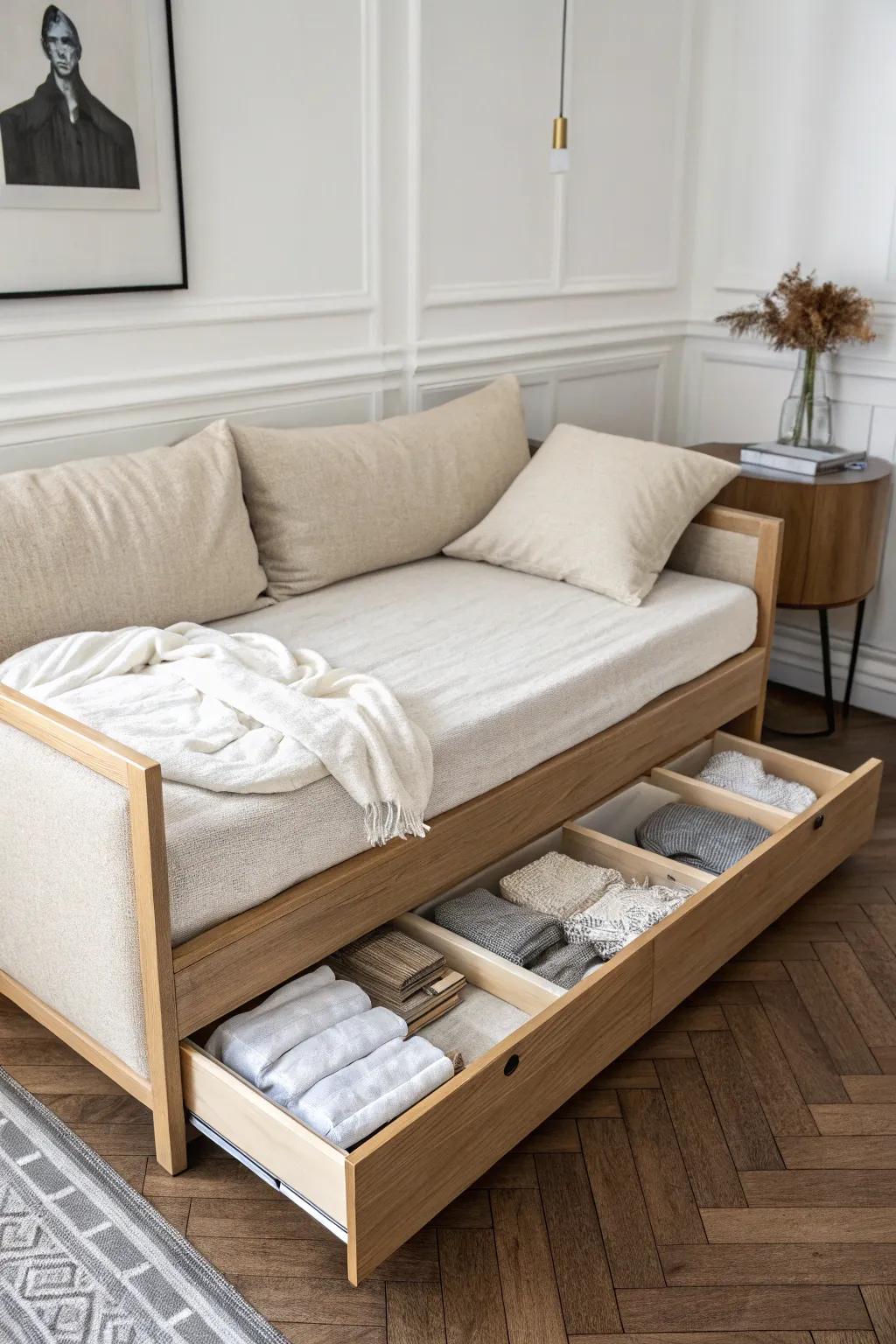 A sofa bed with hidden storage keeps extra sheets close—perfect for a tiny home office.