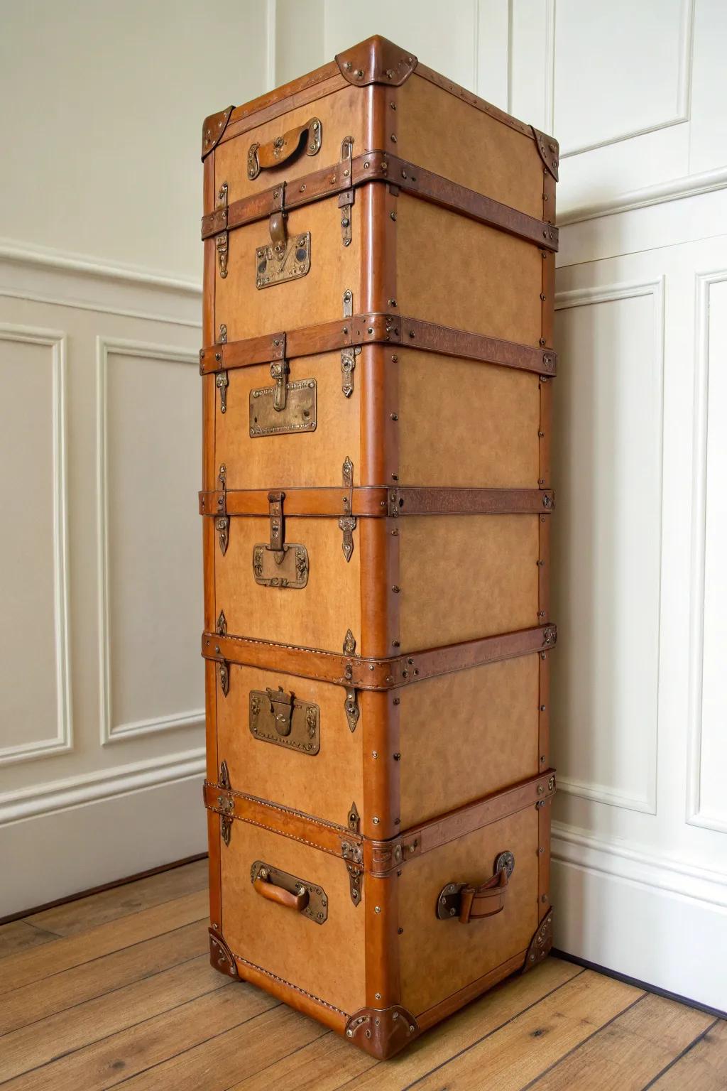 Stack two vintage trunks into a slim side tower—charming storage that fits any tight corner.