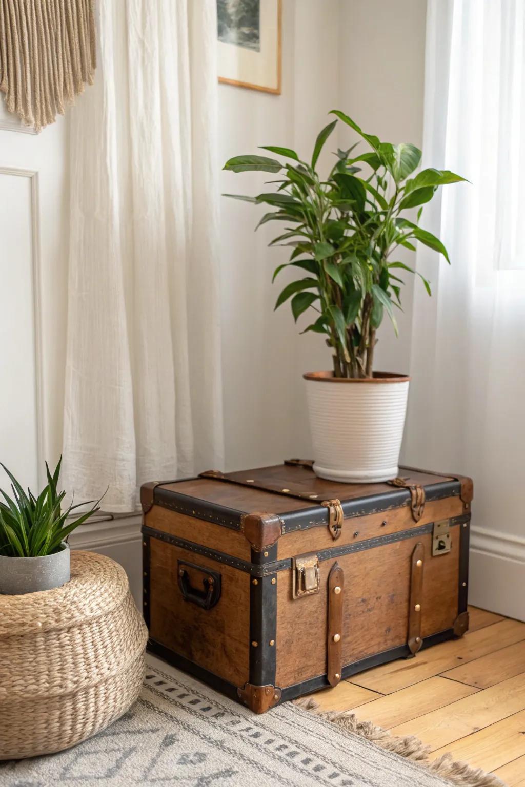Turn a vintage trunk into a chic plant stand—adds height, style, and hidden garden storage.