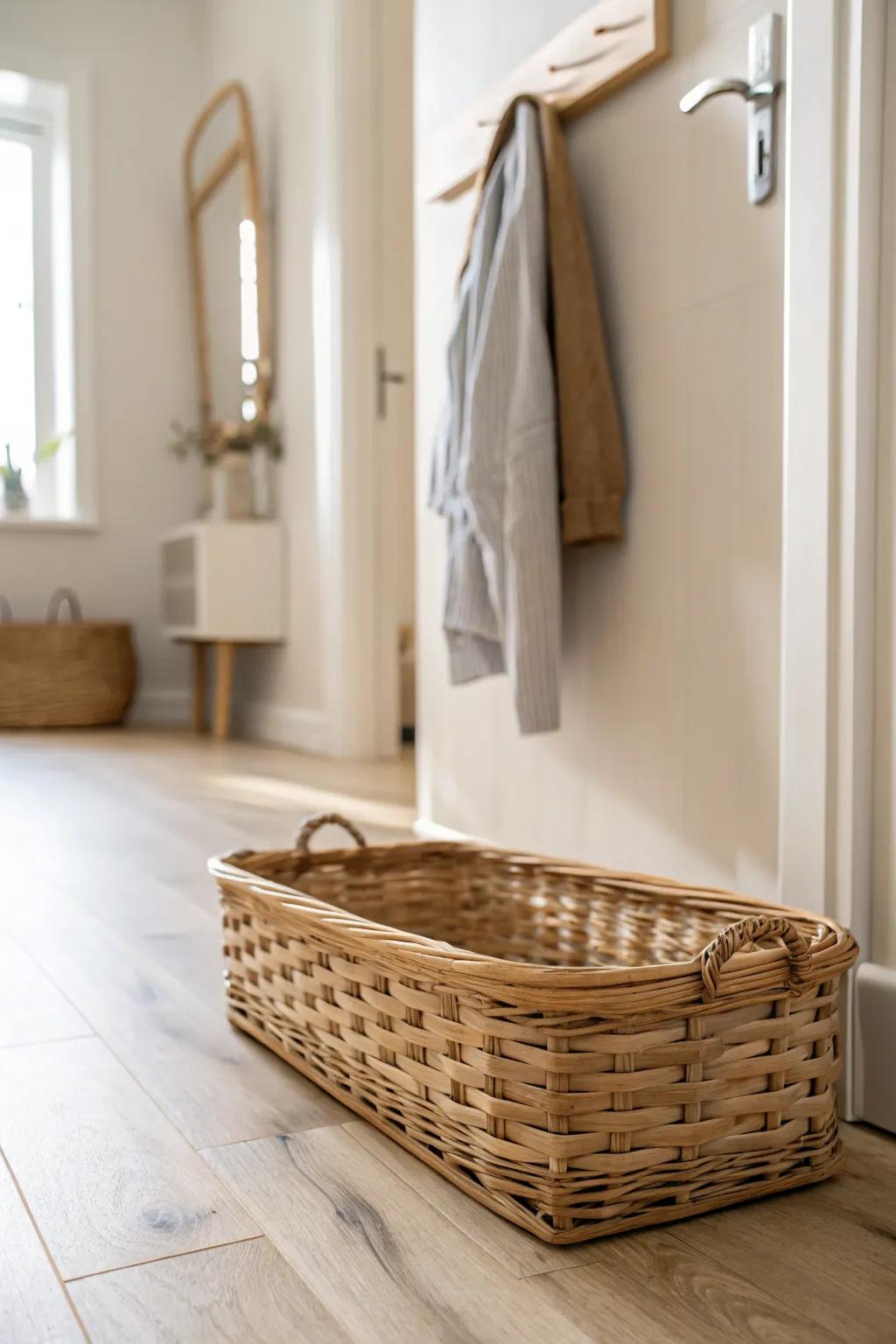 A slim rattan shoe basket turns a tiny entry into a calm mini room—pretty and clutter-proof.