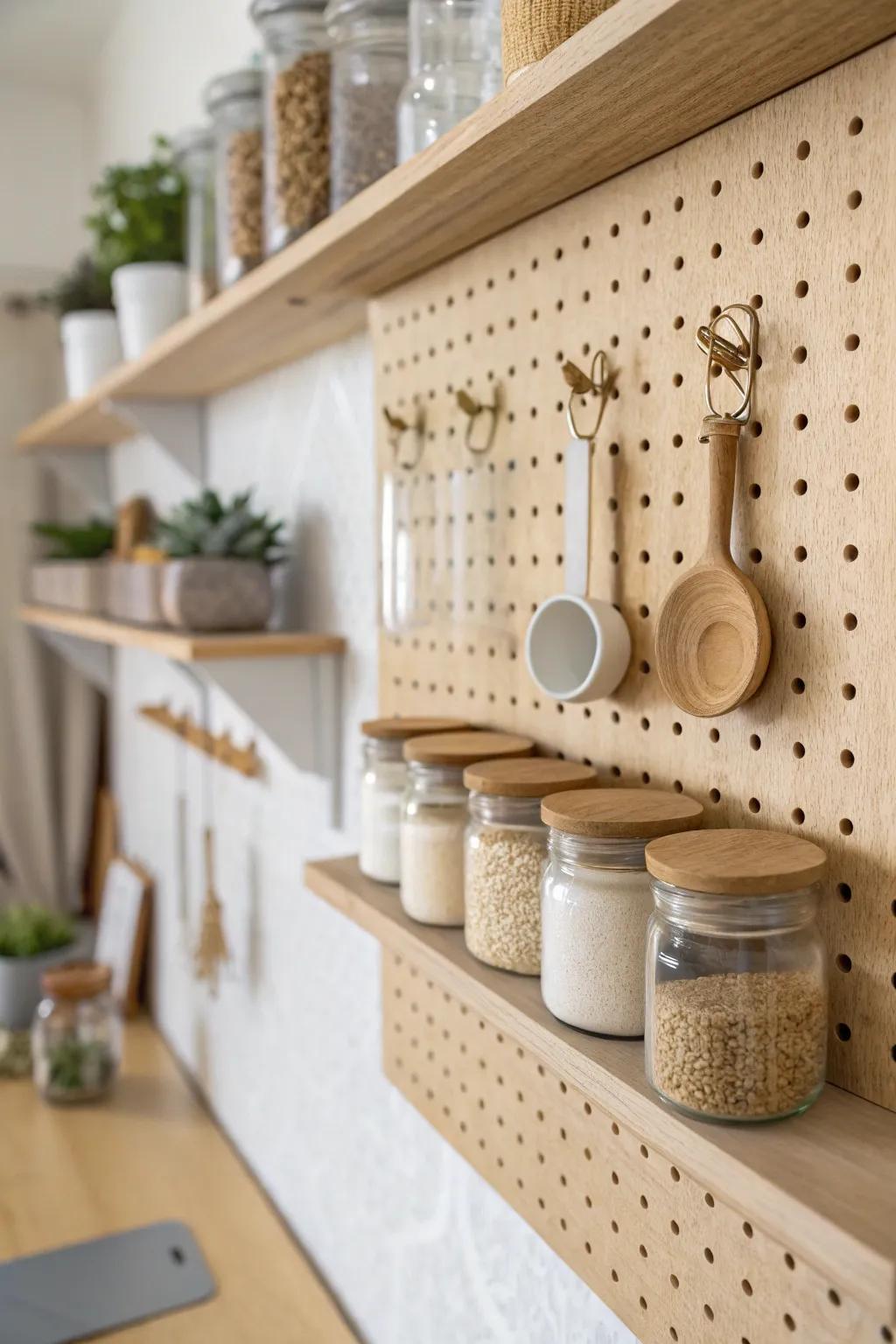 Slim pegboard spice wall: doubled pantry storage and a beautiful, functional display.