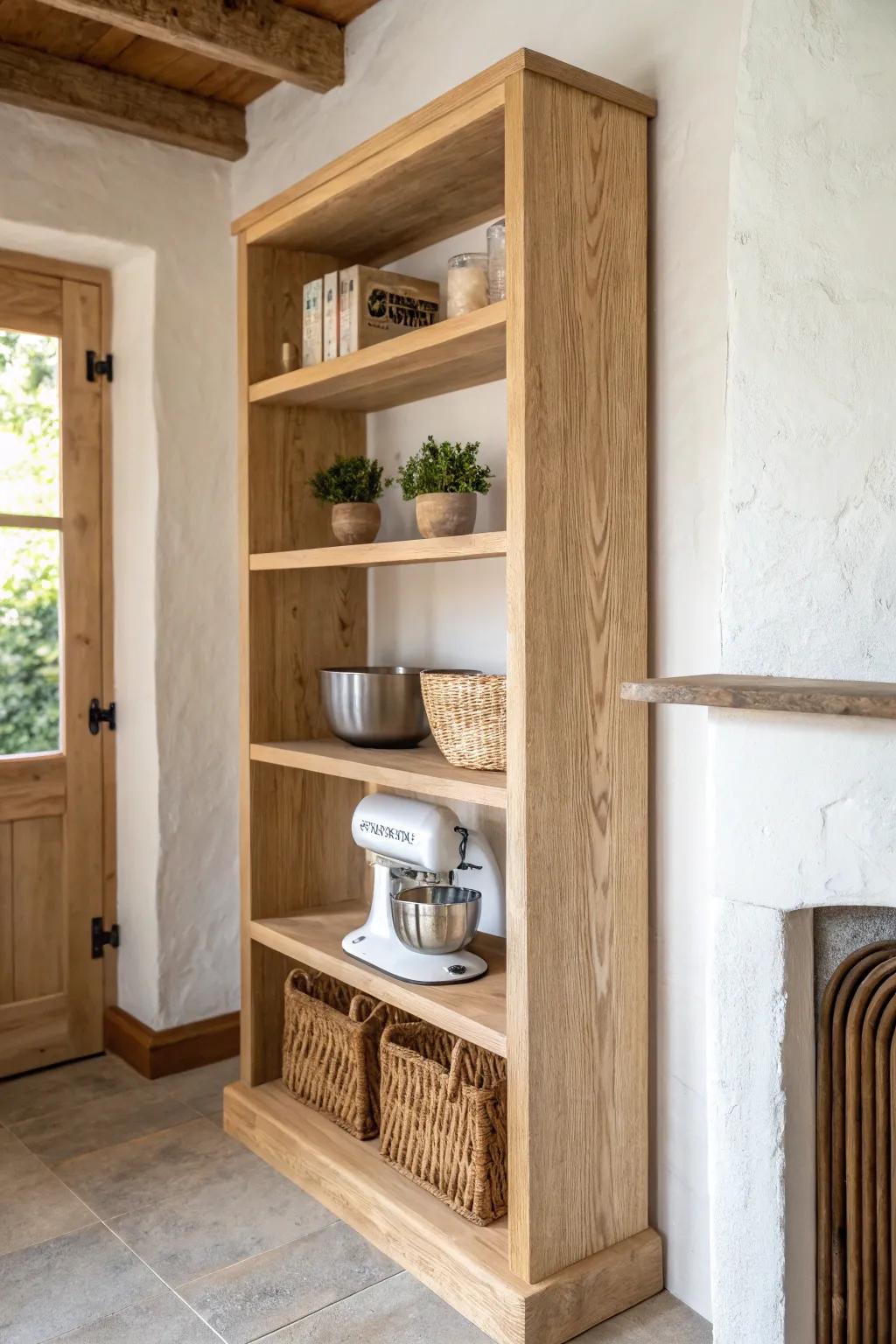 A dedicated low shelf keeps heavy appliances handy—while your countertops stay clear.