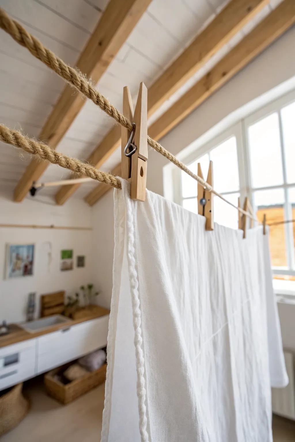 A ceiling drying line keeps wet projects off your desk—simple, airy, and studio-chic.