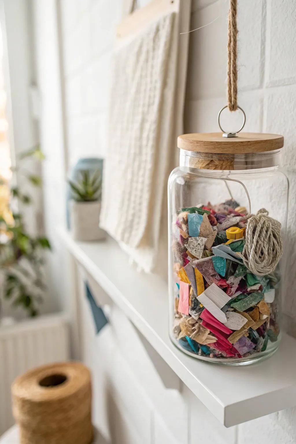 Twist-on hanging jar corrals craft scraps—clean, calm, and cute for small-space desks.