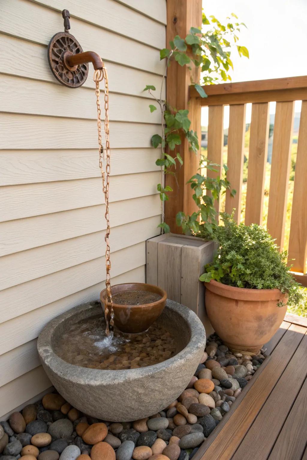 A tinkly mini rain-chain fountain that turns a small corner into a calm courtyard moment.