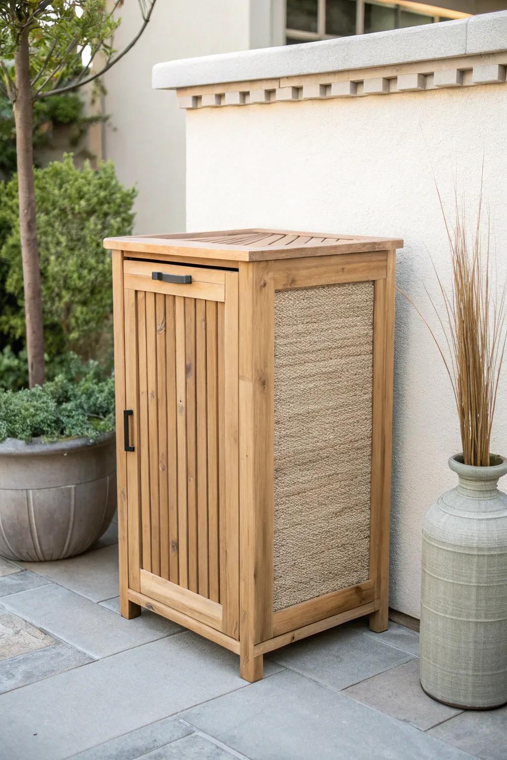 Bench-height bin cabinet that doubles as a tidy outdoor work surface for small patios.
