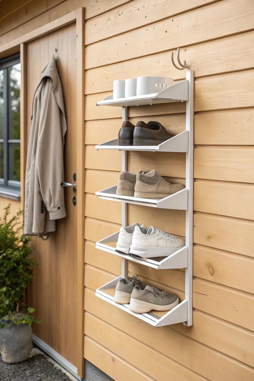 Rain-gutter shoe shelves: a sleek outdoor wall fix that lets sneakers drip-dry neatly.