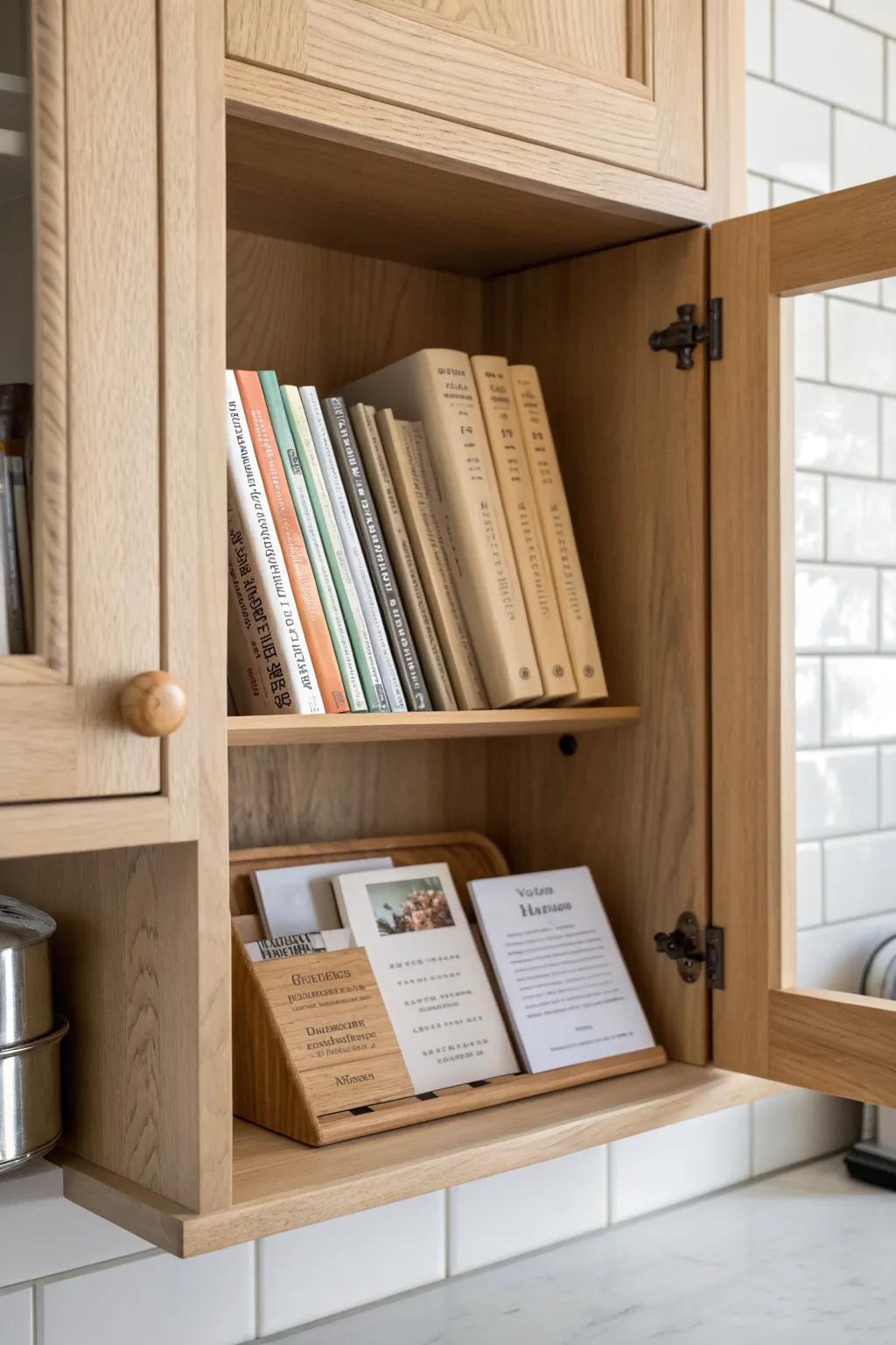 Turn the over‑stove cabinet into a chic recipe book nook—tidy dividers keep cookbooks in reach.