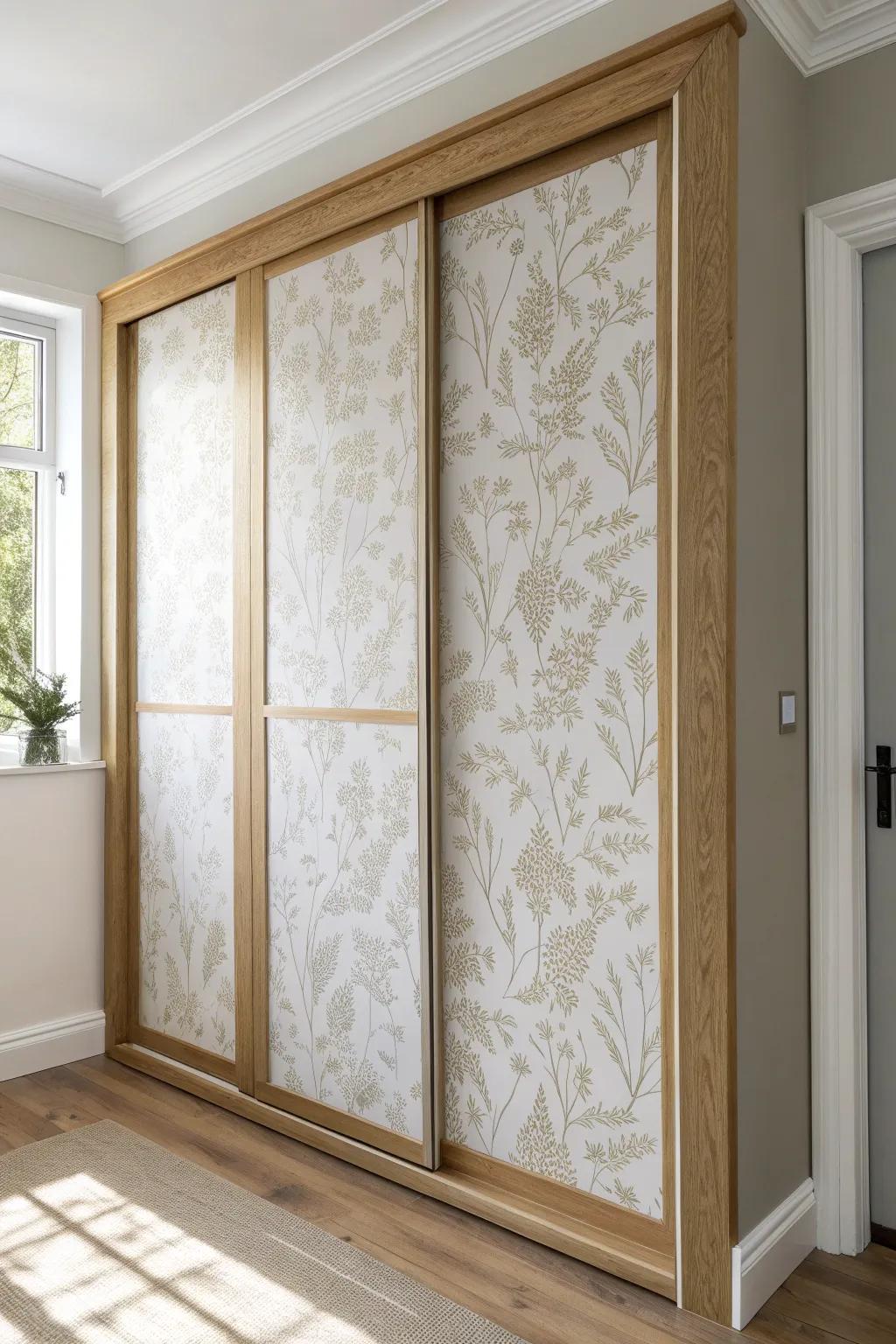 Mirror makeover: wallpaper inset + slim trim frame for boutique-style closet doors.