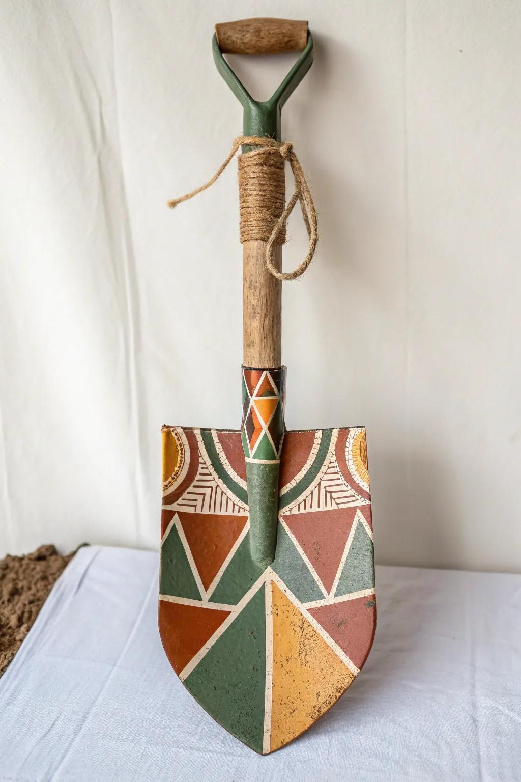 Embrace the beauty of geometry with this stunning painted shovel art, where simplicity meets style in a perfect harmony of shapes and colors.