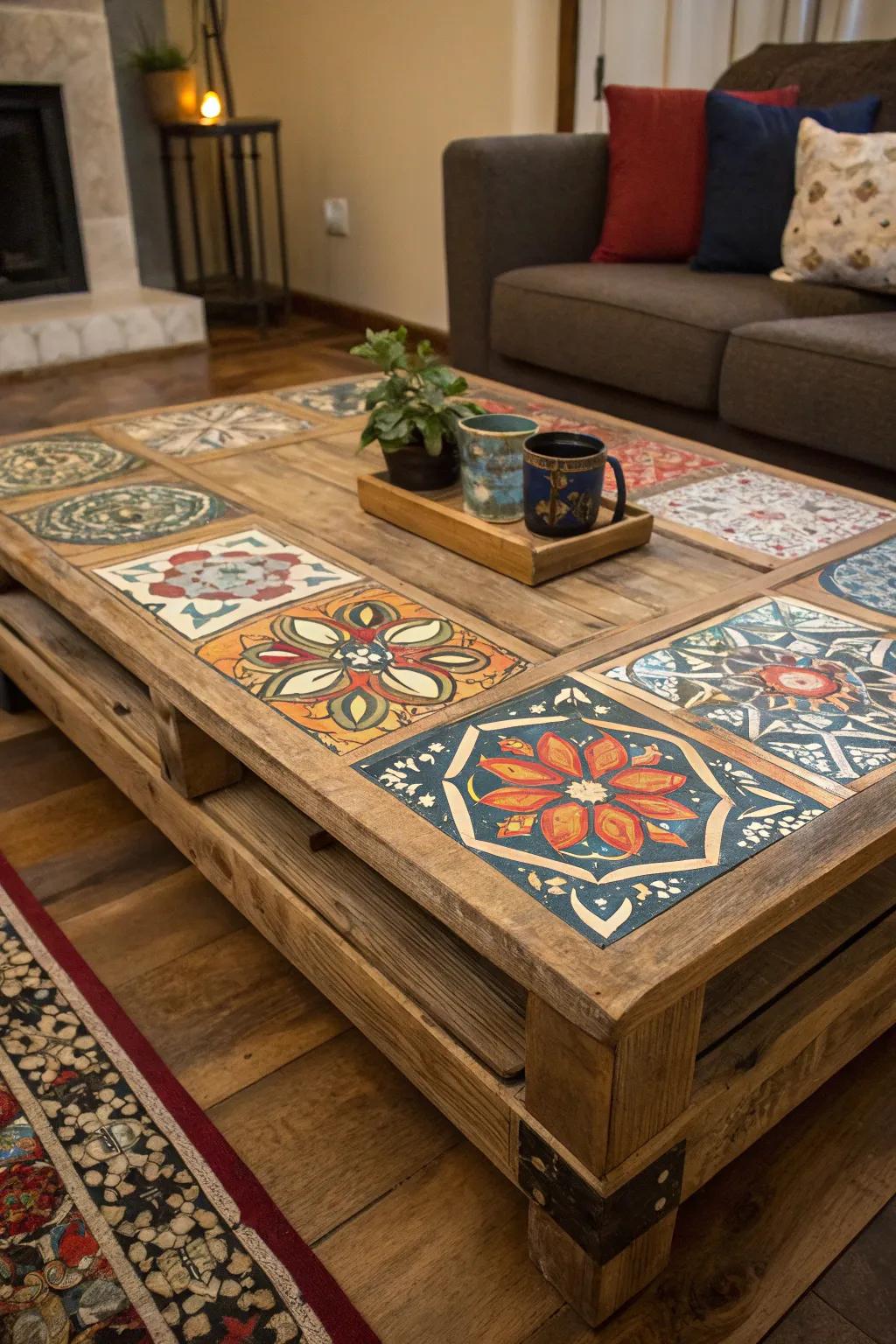 Elevate your space with a Mediterranean touch: A pallet coffee table featuring stunning inlay tiles.