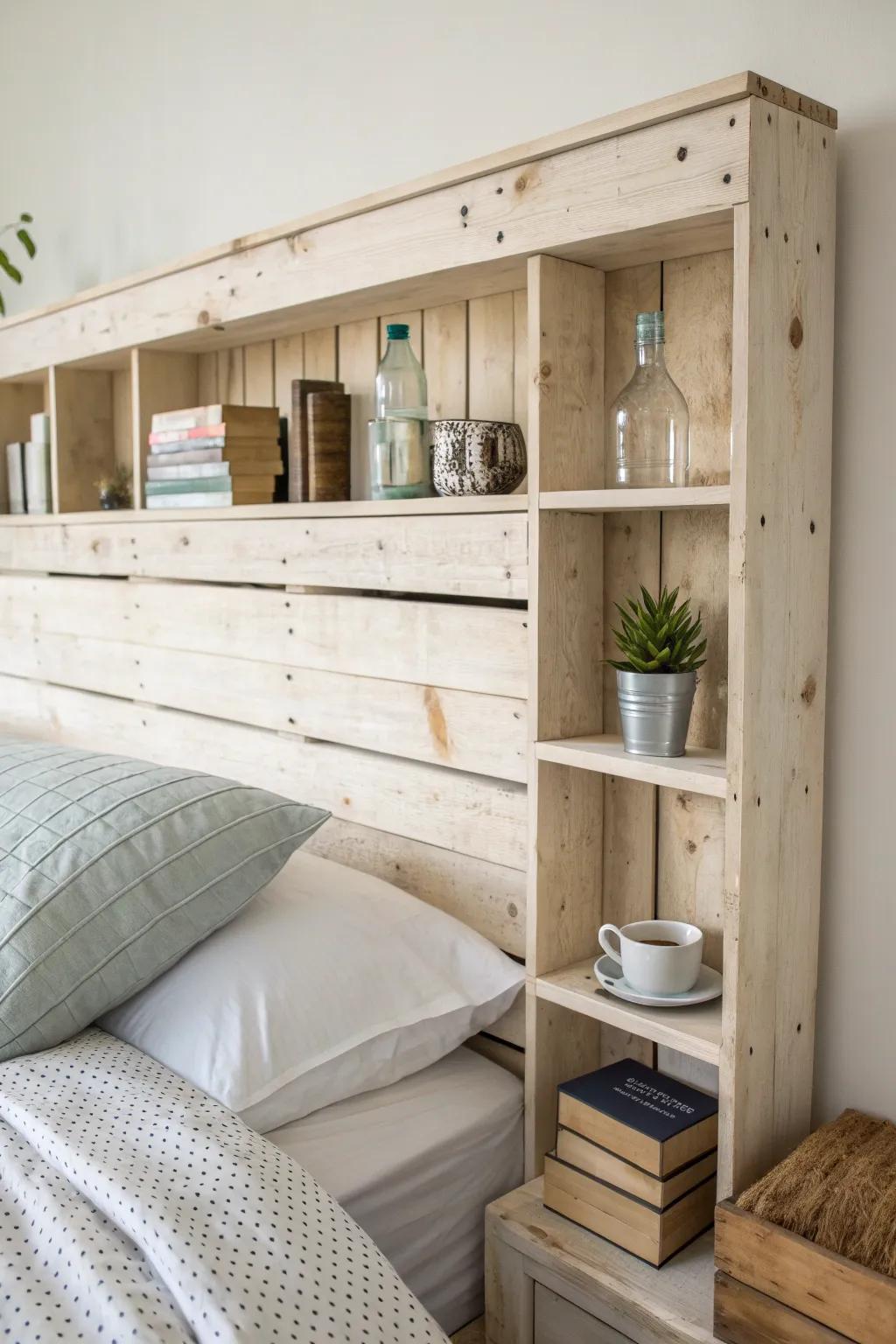 Pallet headboard with slim side cubbies—built-in micro storage for small-space bedrooms.