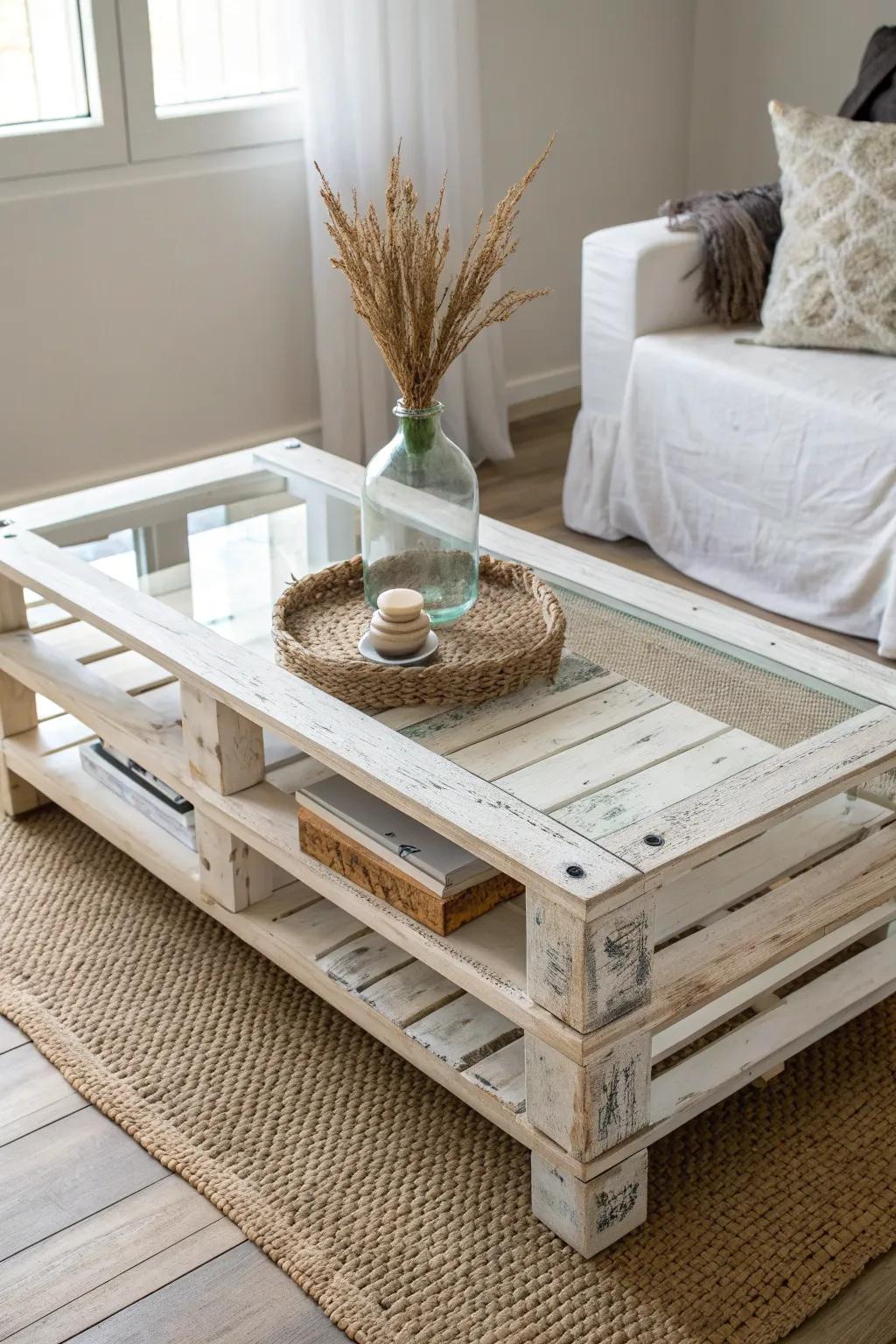 A glass-top pallet coffee table that keeps rustic charm while feeling light in small spaces.