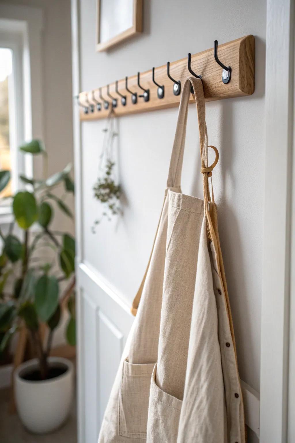 A simple oak peg rail adds cozy charm—perfect vertical decor for a small, clutter-free pantry.