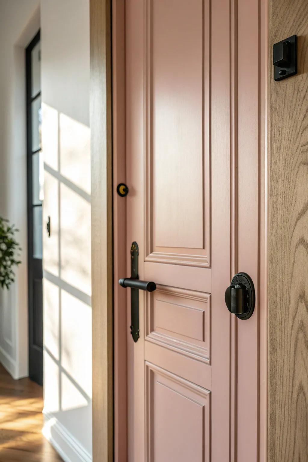 Blush pink meets inky black trim—an unexpectedly chic pantry color combo for small spaces.
